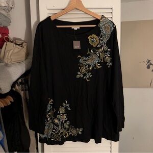 J.Jill Embroidered Floral V-Neck Tunic Top | Black | XL | NWT